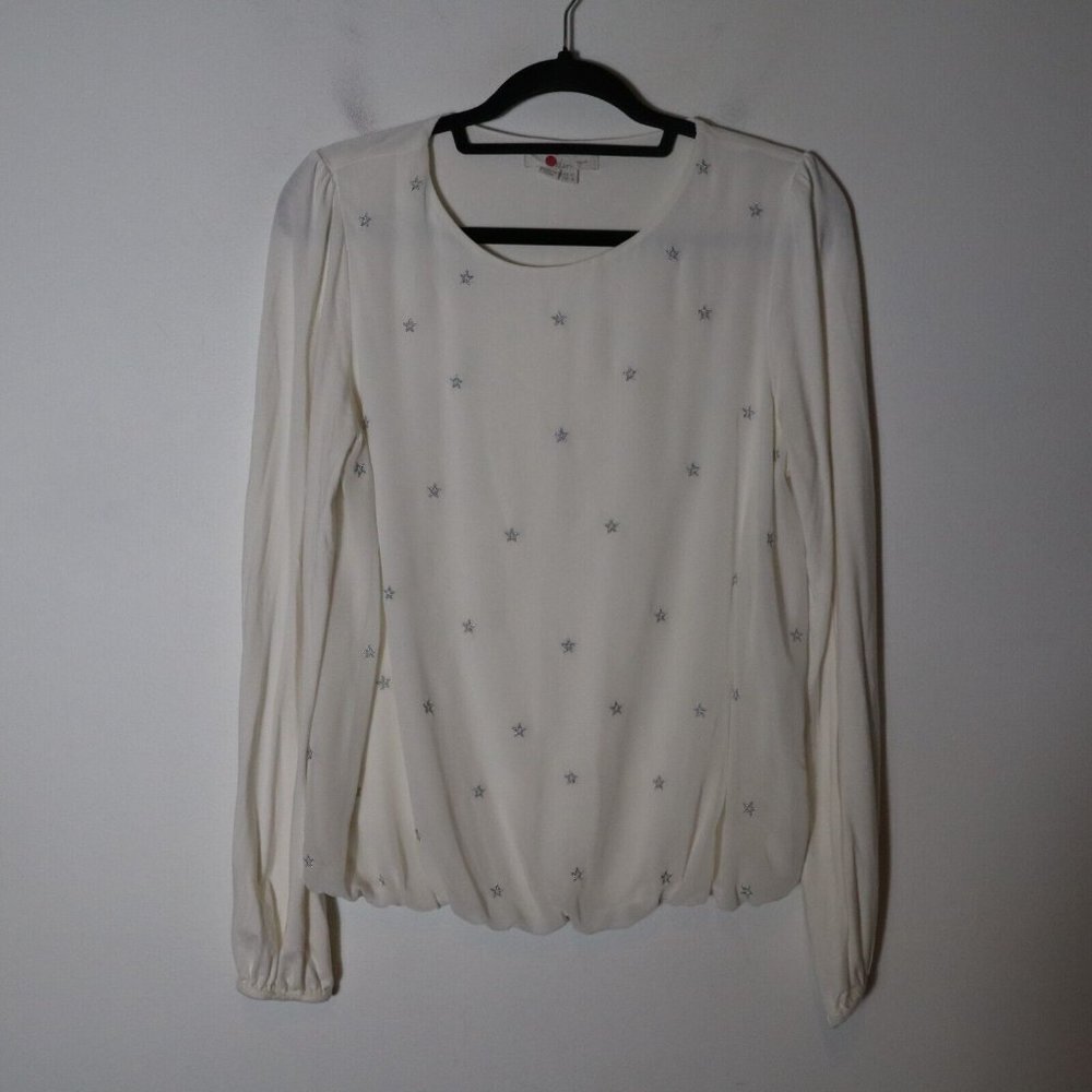 Boden Tori Embroidered Top Metallic Silver Stars Size 8 Bubble Sleeves - Picture 2 of 7